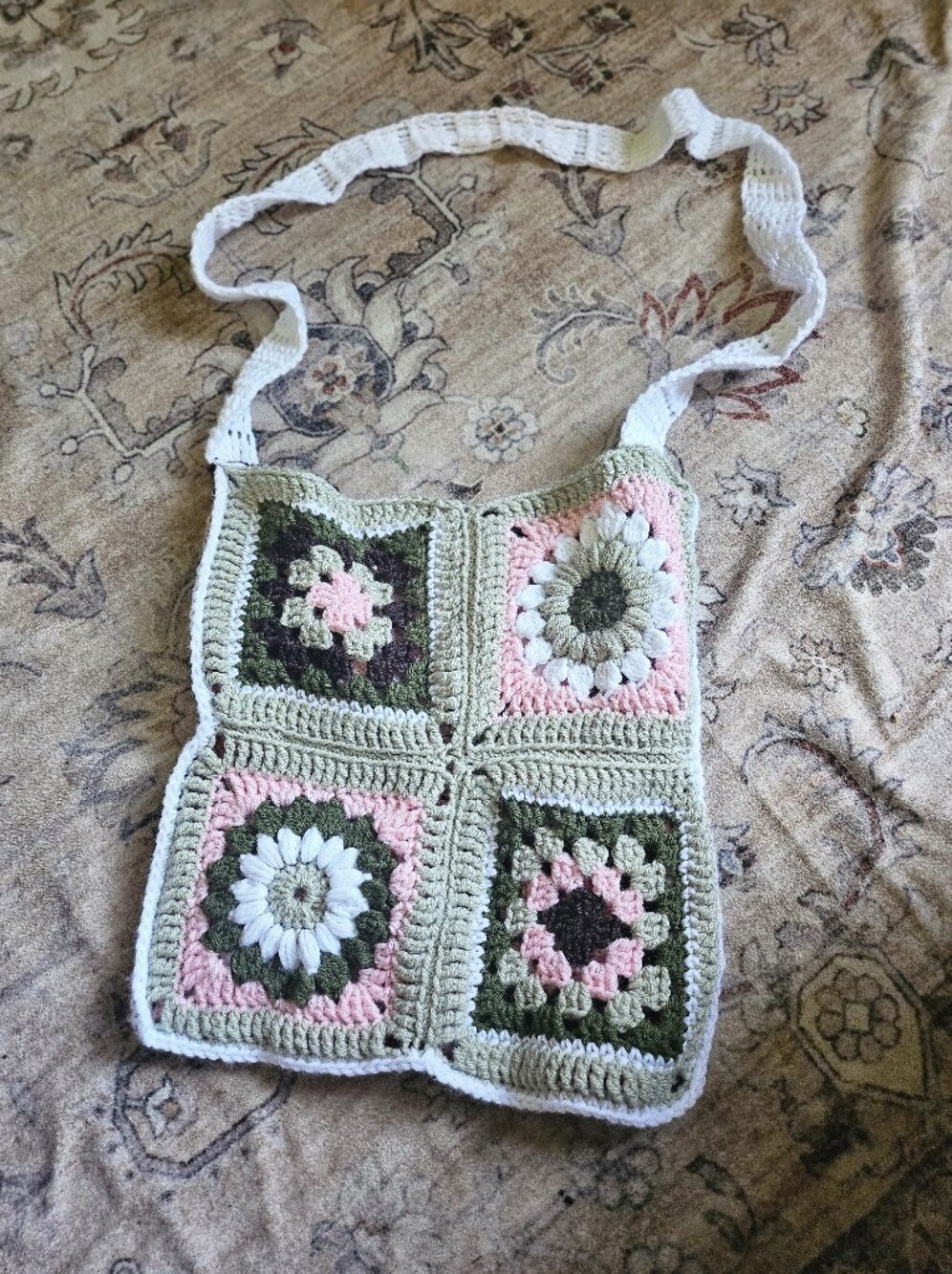 Handmade Crochet Shoulder Bag in Pink, Green & Cream